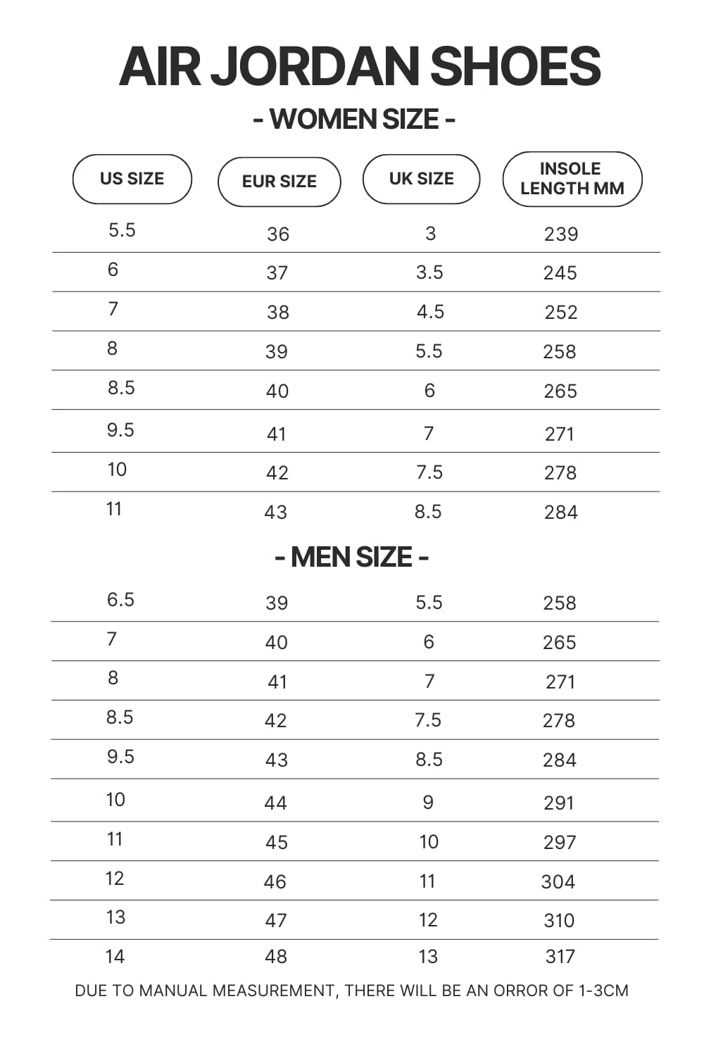 Product Size chart