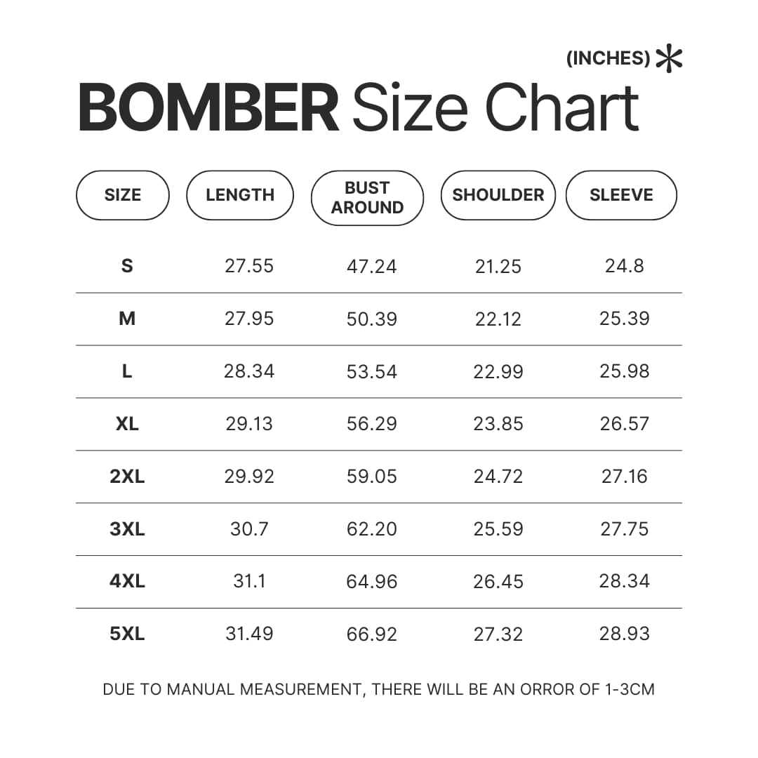 Bomber Size Chart - JoJo's Bizarre Adventure Shop