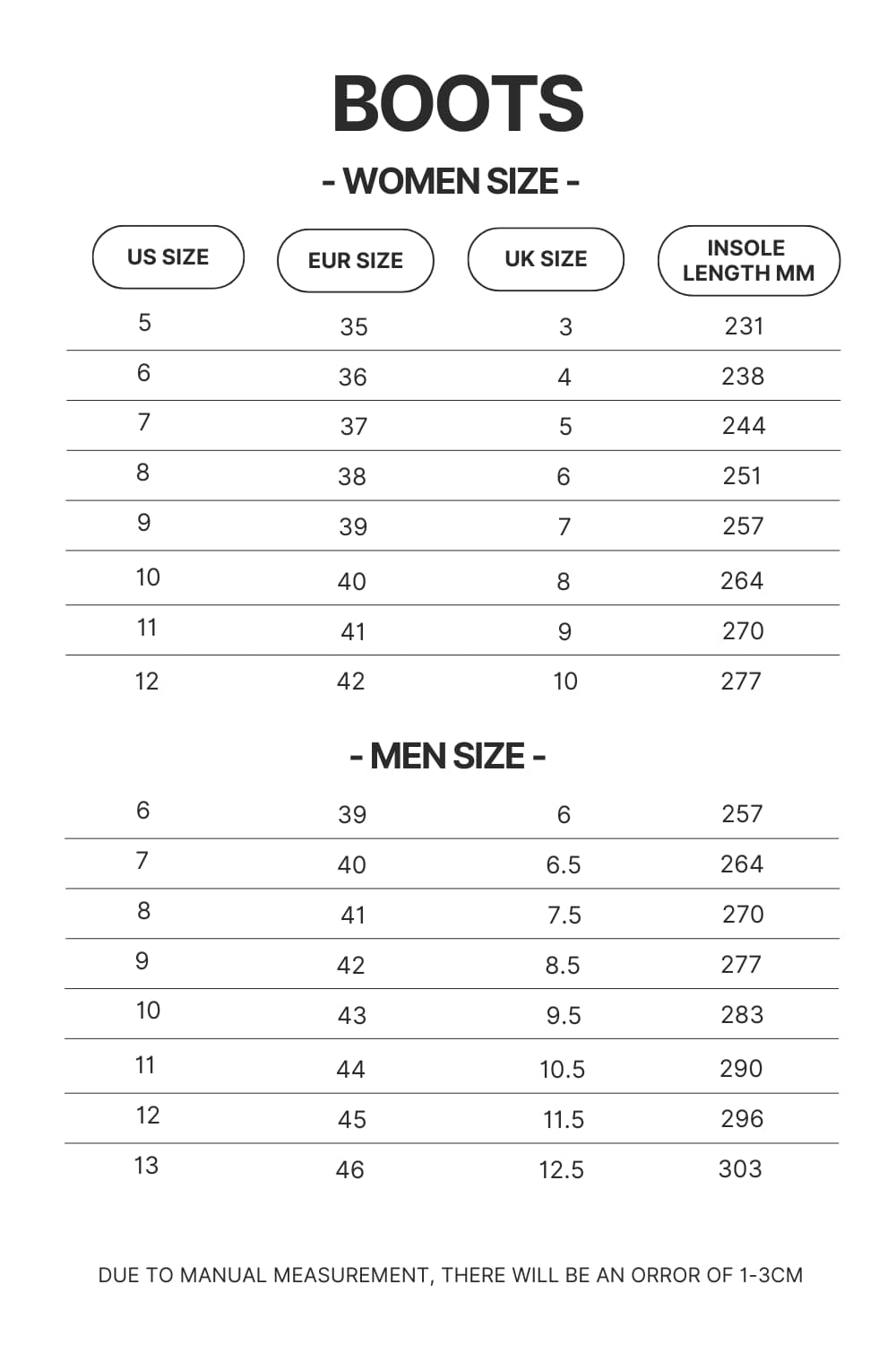 Boots Size Chart 1 - JoJo's Bizarre Adventure Shop